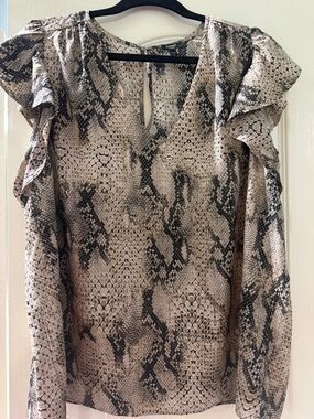Express Neutral Snake-Print Ruffled Shoulder Blouse